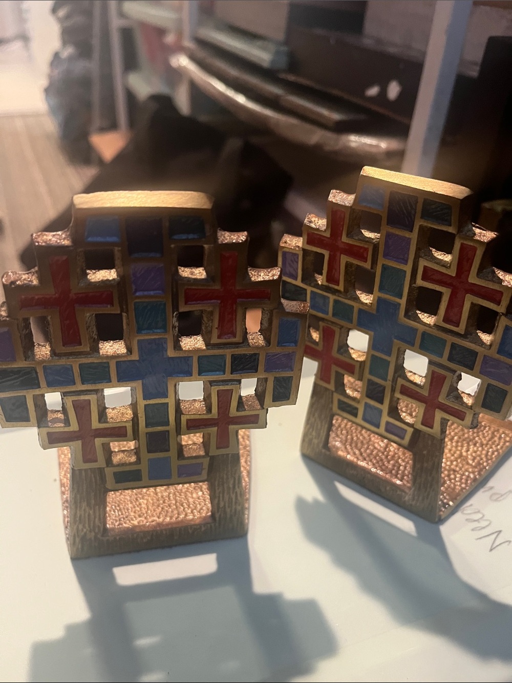 Vintage 1969 Terra Sancta Guild brass and enamel Jerusalem cross bookends